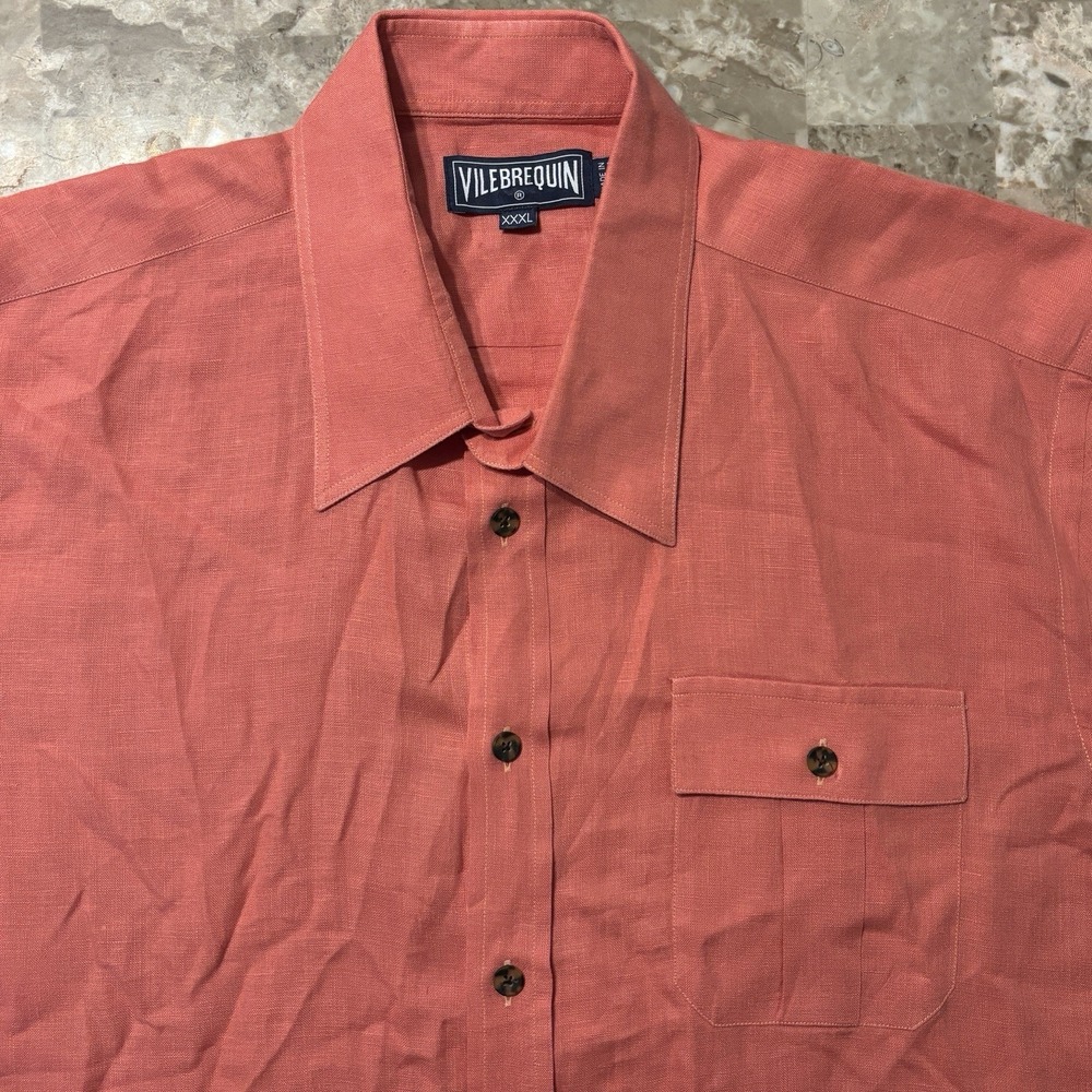 Vilebrequin Shirt Mens 3XL Pink 100% Linen Short Sleeve Button Beach Turtle
